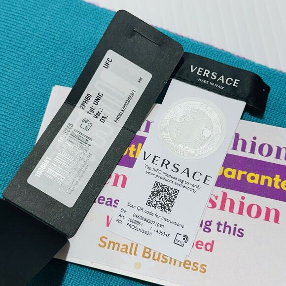 NWT Versace Reversible Teal Pink Fringed Wool Jacquard Logo Scarf 72"x12" $825 - Picture 11 of 13